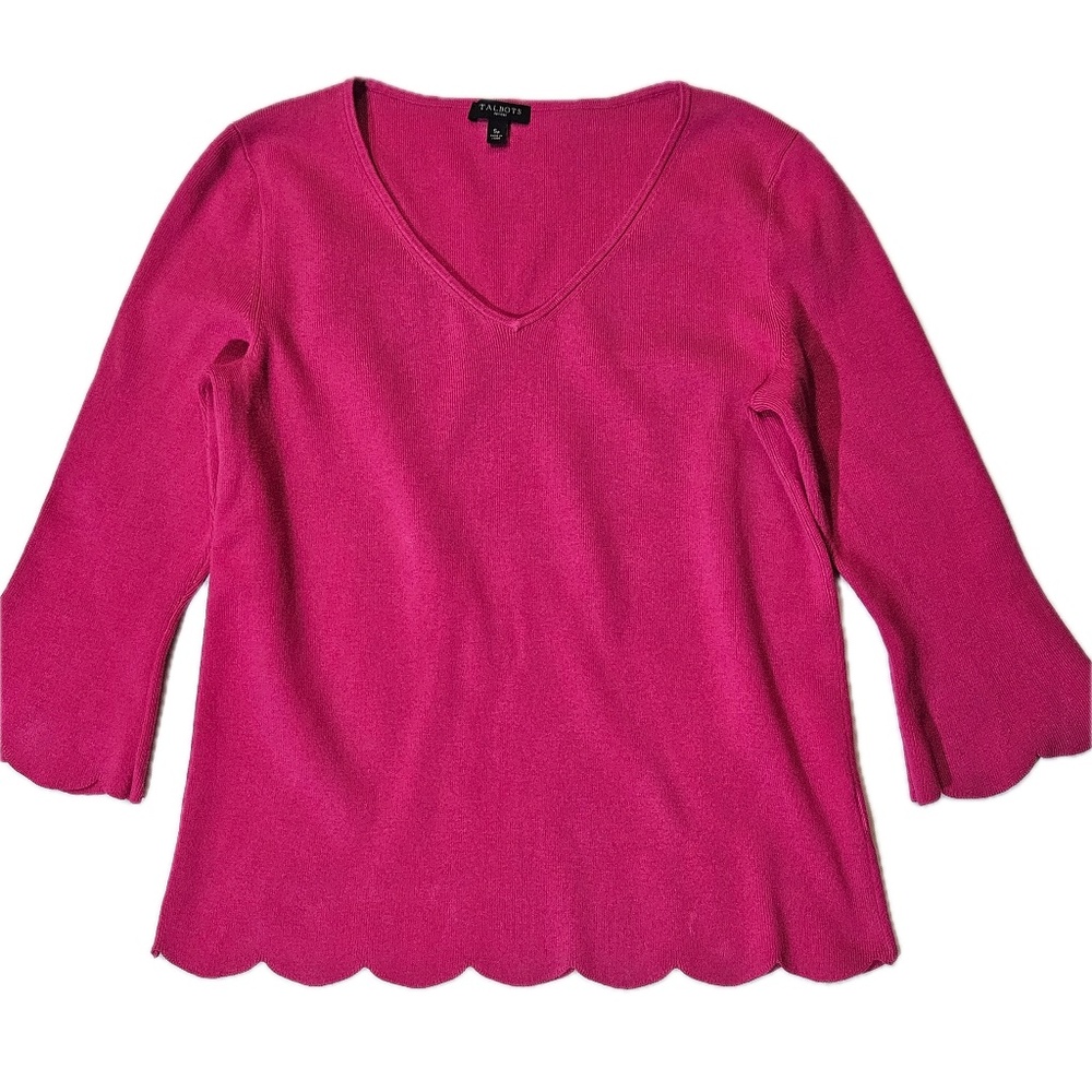 Talbots Sweater Womens Petite Small Pink V Neck‎ Bell Sleeve Scallop Hem Knit